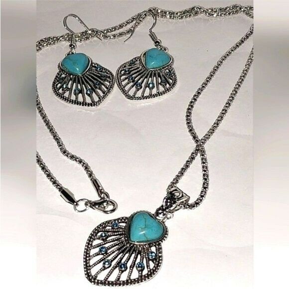 Vintage Ladies Boho Jewelry Set Hollow Leaf Shaped Inlay Heart Shape Stone - Picture 6 of 8